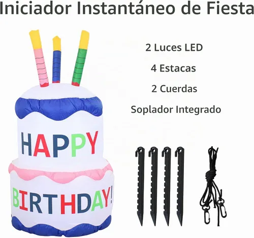 Vista 3 de Sunnydaze Decoración inflable de pastel de cumpleaños de 4 pies, ventilador y luces LED