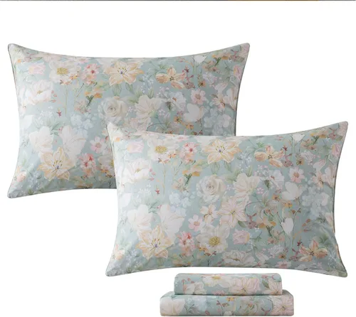 Vista 26 de FADFAY Juego de sábanas tamaño King, sábanas de algodón percal rosa floral con bolsillo profundo, ropa de cama vintage lujosa azul con estampado