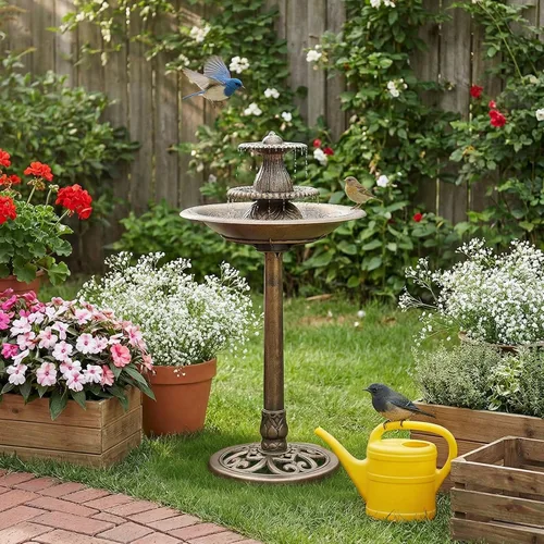 Vista 3 de Magshion Baños para pájaros de 3 niveles de 37 pulgadas de alto para exteriores, baño vintage para pájaros con pedestal con bomba de recirculación