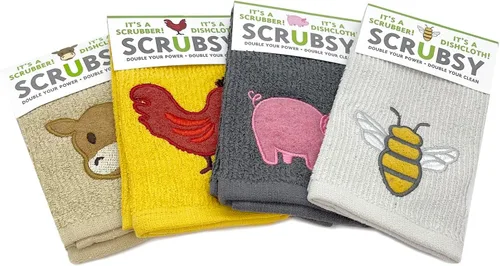 Vista 14 de MÜkitchen SCRUBSY 100% Cotton Kitchen Dish Cloth with Built in Scrubber Kit Various Designs and Super Absorbent Set of 4 (Avian)