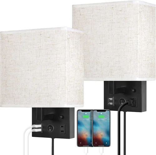 Vista 8 de CADUKE Juego de 2 lámparas de pared de noche, lámpara de pared enchufable con puertos de carga USB y toma de corriente alterna, apliques de pared