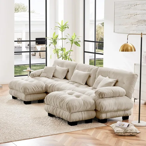 Vista 4 de Sofá de gran tamaño de 133.8 pulgadas, sofá seccional modular de 3 plazas, juego de sofá seccional esponjoso grande en forma de U color beige, sofás