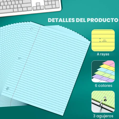 Vista 3 de 120Sheets Loose Leaf Paper 8 X 10.5, 3 Hole Punched ，20 Sheets