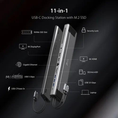Vista 2 de j5create Estación de acoplamiento de pantalla USB C Dual 4K60 (12 en 1), ranura SSD M.2 integrada, HDMI, DisplayPort, 10Gbps USB-A, lector