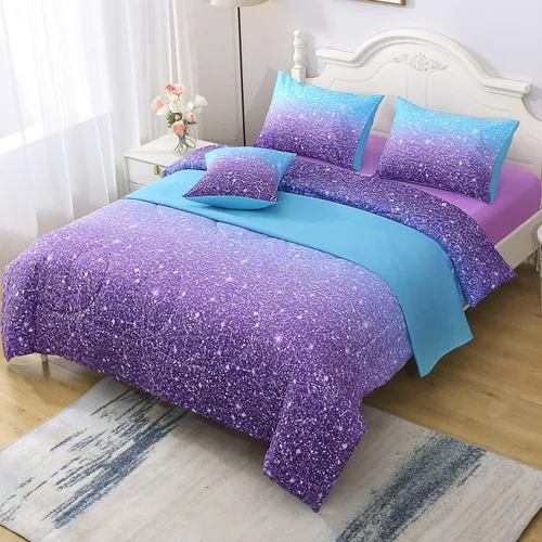 Vista 4 de JQinHome Juego de edredón con purpurina, tamaño individual, juego de ropa de cama en una bolsa de 6 piezas en 3D colorido degradado para niñas