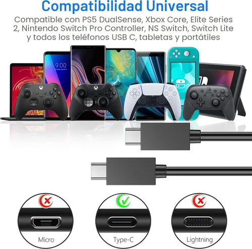 Vista 7 de Cargador para controlador PS5 – Pack de 2 cables de carga de 1.52 m OEM originales de 3A con cable de datos USB C a USB C, accesorios