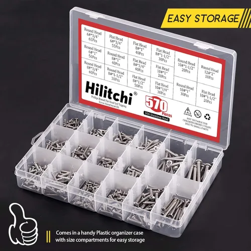 Vista 6 de Hilitchi 570 unidades de tornillos autoperforantes modelos M 3 4 5 6, de acero inoxidable con cabeza plana y Phillips, kit de tornillos surtidos