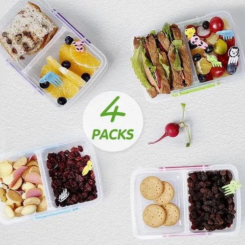Vista 4 de Paquete de 4 recipientes de plástico para aperitivos con tapas, contenedor de alimentos de 2 compartimentos para caja de aperitivos para niños