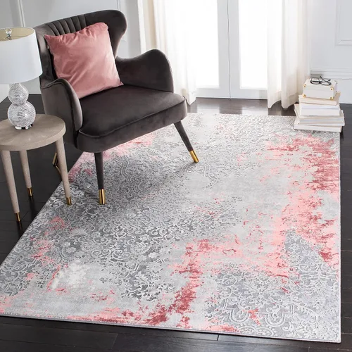 Vista 9 de SAFAVIEH Meadow Collection - Alfombra decorativa de 2 x 5 pies, gris claro y rosa, diseño abstracto moderno, no desprende pelusa y de fácil cuidado