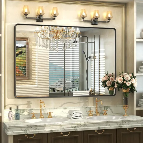 Vista 18 de OKPAL - Espejo de tocador de baño de 20x24 pulgadas con marco de metal cepillado en bronce, espejo de baño con marco de metal cepillado en bronce