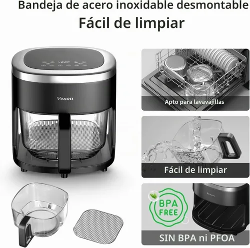 Vista 4 de Freidora de aire de vidrio, Freidora de aire de 4.5QT con olla de visualización de vidrio, Freír al aire, Asar, Recalentar, Deshidratar, Tecnología