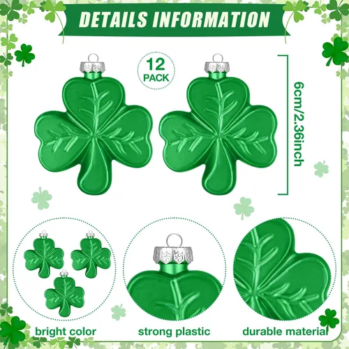 Vista 3 de Aurelema 12 adornos grandes de trébol del día de San Patricio de 2.36 pulgadas para árbol, adornos de trébol verde irlandés, decoraciones
