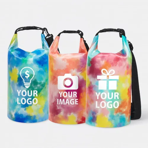 Vista 4 de Personalized waterproof dry bags, customizable with your logo, suitable for kayaking, beach, and boating. (Ocean Tie-Dye)