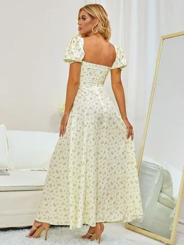 Vista 4 de Women's Summer Puff Sleeve Floral Split Maxi Dress Flowy A Line Casual Beach Long Dresses