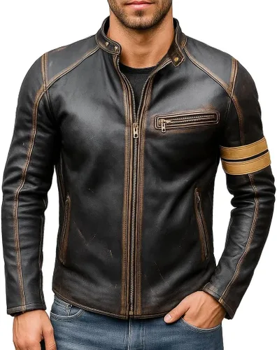 Vista 13 de Mens Premium Distressed Brown Padded Armored Cowhide Leather Cafe Racer Jacket – Vintage Protective Moto Jacket