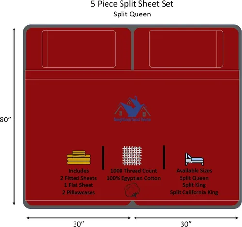 Vista 3 de Juego de sábanas de algodón egipcio Split Queen para cama ajustable de 22 pulgadas con bolsillo extra profundo - 1000 hilos, 100% algodón egipcio