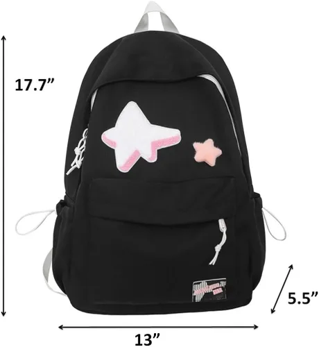 Vista 5 de Mochila Kawaii con parche de estrella y lindo accesorio, espaciosa y múltiples compartimentos (negro)