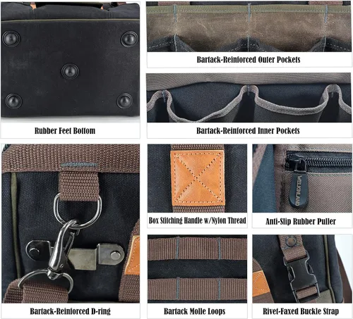 Vista 9 de WELKINLAND Bolsa de herramientas de lona encerada con 32 bolsillos, bolsa de herramientas resistente para electricistas, bolsas de herramientas