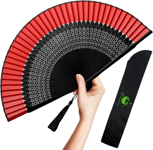 Vista 17 de OMyTea, abanico desplegable con motivo de flores de yuyos (8.27 pulgadas - 21 centímetros) con funda de tela para protección, estilo chino/japonés