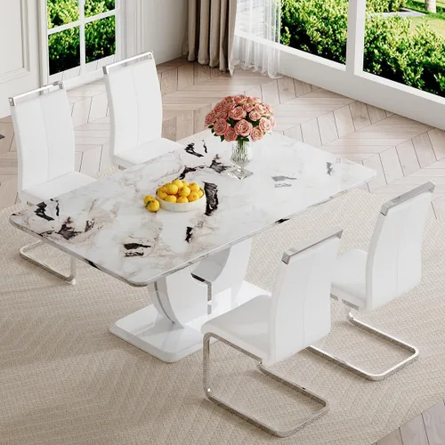 Vista 80 de JUFU Juego de mesa de comedor moderno para 4, juego de mesa de cocina rectangular de 63 pulgadas con mesa de mármol sintético y 4 sillas tapizadas