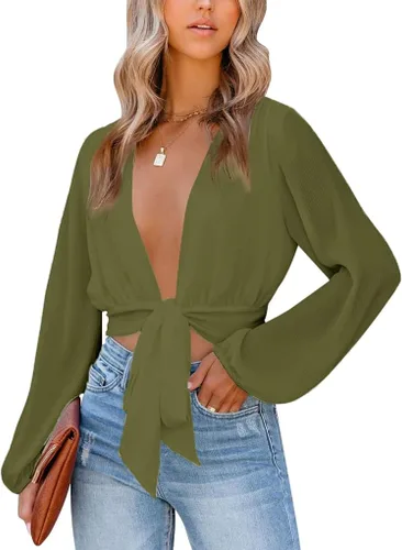 Vista 4 de LYANER Blusa corta sexy de manga larga con cuello en V profundo y nudo frontal para mujer