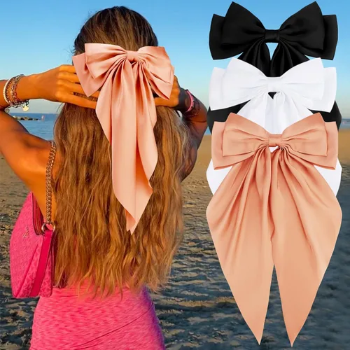 Vista 17 de Velscrun Lazos para el cabello para mujeres y niñas, 3 unidades, lazo blanco, lazo negro, azul marino, lazos grandes para el cabello con clip, lazos