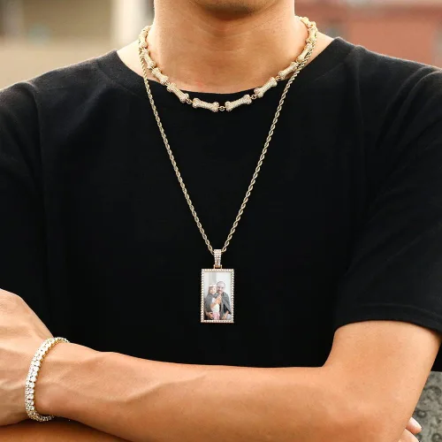 Vista 5 de TUHE Custom Picture Necklaces For Men Women 18K Gold Plated Personalized Photo Pendant Customized Diamond Square Engraved Silver Memorial Rip Chain