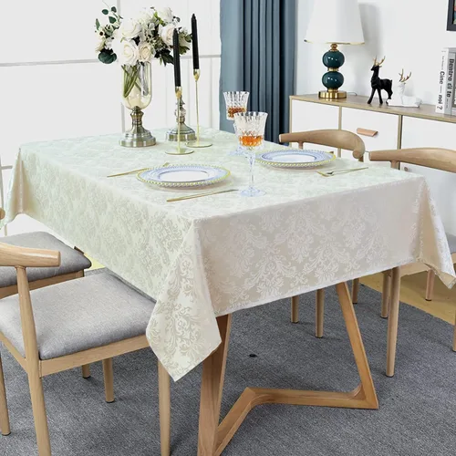 Vista 2 de SASTYBALE - Mantel rectangular de 52 x 52 pulgadas de damasco beige crema, diseño jacquard, resistente a las salpicaduras, a las arrugas
