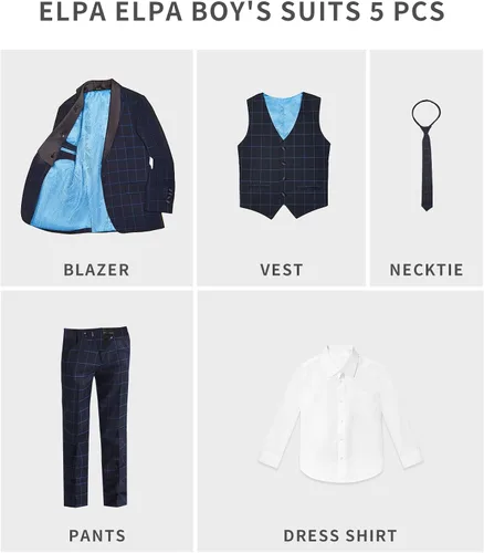 Vista 4 de ELPA ELPA Trajes de esmoquin para niños de 5 piezas, conjunto de trajes fornales para niños de 2 a 18 años, Cuadros azules
