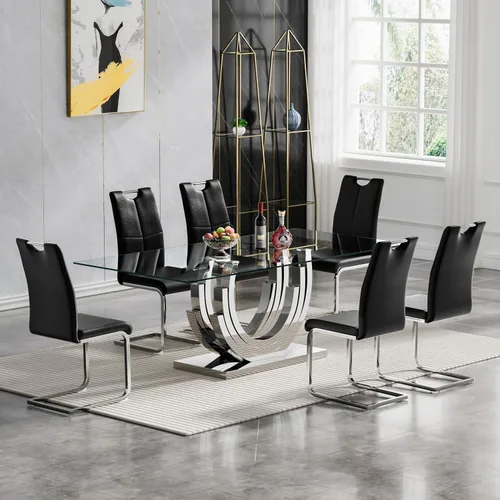 Vista 17 de Juego de mesa de comedor de cristal dorado moderno de 70 pulgadas para 4, juego de mesa rectangular de 5 piezas con base de acero en forma de anillo