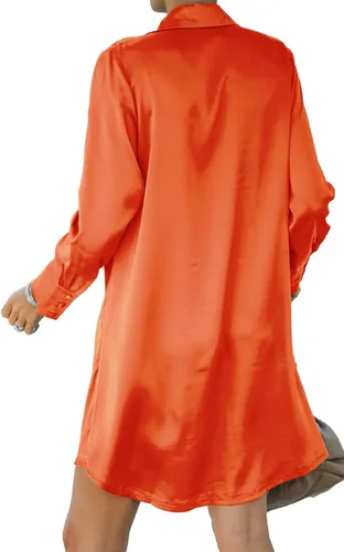 Vista 2 de Halfword Vestido camisero de satén para mujer sexy casual cuello en V profundo manga larga con botones holgado mini vestido tipo camiseta