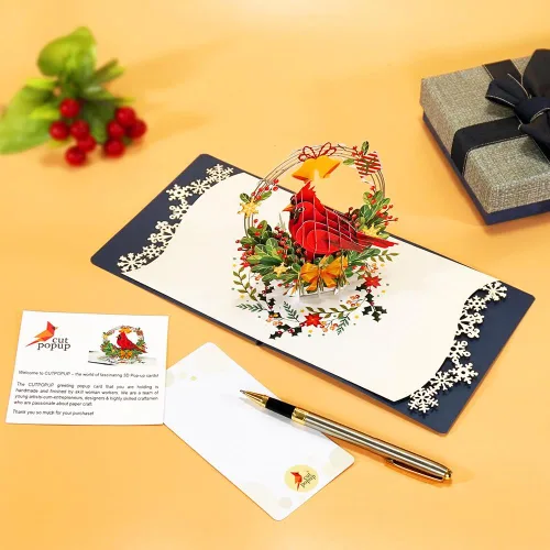 Vista 3 de CUTPOPUP - Tarjeta de felicitación con diseño de cardenal, Feliz Navidad, Navidad 3D, Año Nuevo, tarjeta de felicitación (cesta de cardenal)