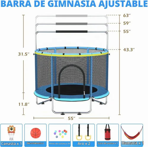 Vista 2 de Cama elástica para niños con malla de encierro, cama elástica mini para interiores y exteriores con barra de gimnasia ajustable, aro de baloncesto