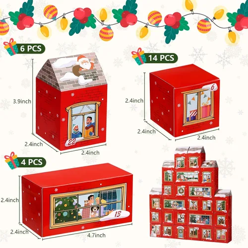 Vista 3 de GWHOLE Cajas de calendario de Adviento de Navidad, 24 unidades, caja de papel para manualidades con calcomanías de números para decoración