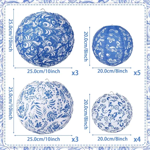 Vista 2 de Lonfliness 15 linternas de papel chinoiserie de 10 pulgadas y 8 pulgadas de porcelana azul y blanca colgantes, decoración de fiesta, farol redondo