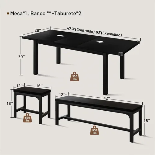 Vista 2 de Einhomn Juego de Mesa de Comedor de 5 Piezas para 4-6, Mesa de Cocina Extensible de 63" con 2 Bancos y 2 Taburetes, Estructura de Metal y Tablero