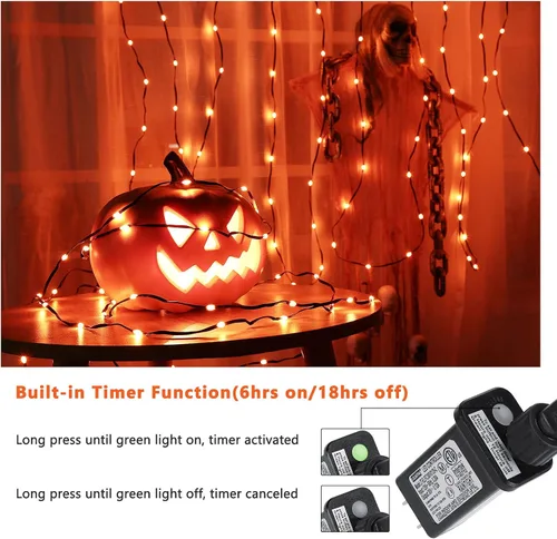 Vista 5 de Brizled Luces de Halloween para exteriores, 72 pies, 200 luces LED naranjas conectables para interiores, 8 modos de luces naranjas de Halloween