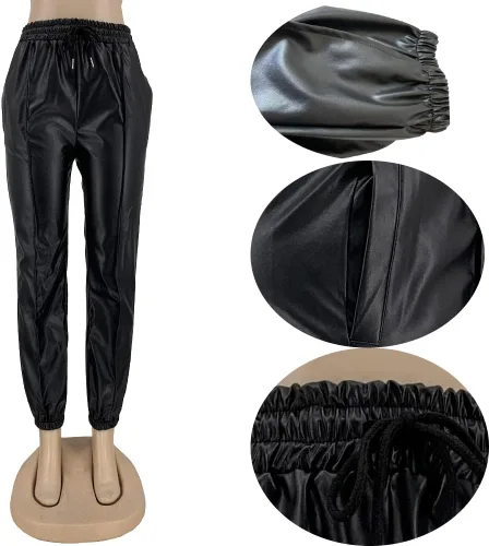 Vista 4 de Voghtic Pantalones de cuero para mujer, de cintura alta, con cordón sintético, con bolsillos