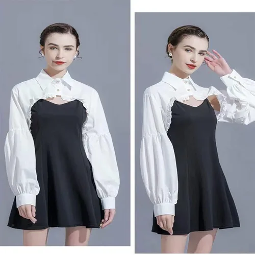 Vista 2 de HZYFPOY Media camisa de manga larga corta corta corta blusa desmontable con cuello de dados para mujer