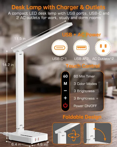 Vista 2 de cozoo - Lámpara de escritorio LED para dormitorio, oficina, USB-C, toma de CA, luz de lectura, color blanco