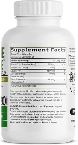 Vista 2 de Bronson Complejo de Apoyo Inmunológico L-Lysine Defense 1500 MG de L-Lisina más Hoja de Olivo, Ajo, Vitamina C y Zinc - Sin OGM, 90 Cápsulas