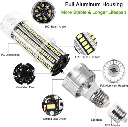 Vista 2 de DragonLight Bombilla LED de maíz de 50 W (equivalente a 350 vatios) E26/E39 Lámpara LED con base de Mogul grande 6000K Luz diurna 6,000 LM