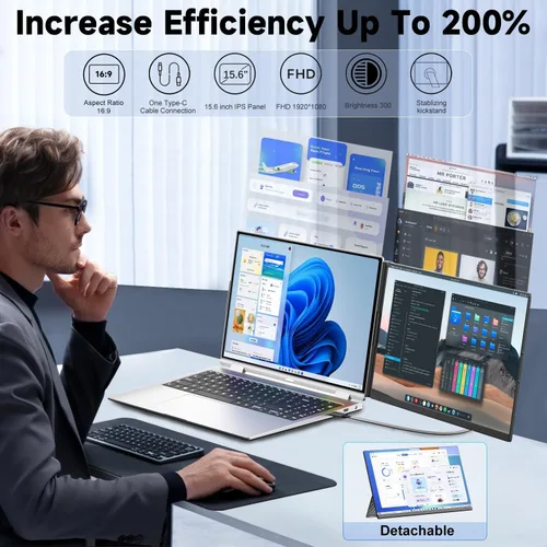 Vista 2 de KEFEYA Extensor de pantalla para laptop, monitor portátil IPS FHD 1080P de 15.6" desmontable, monitor portátil para laptops de 13-17.3" con luz