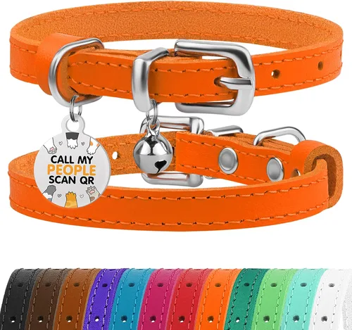 Vista 35 de BRONZEDOG Collar de cuero para gato con campanas extraíbles sin liberación rápida, etiqueta QR para gatito para niña y niño