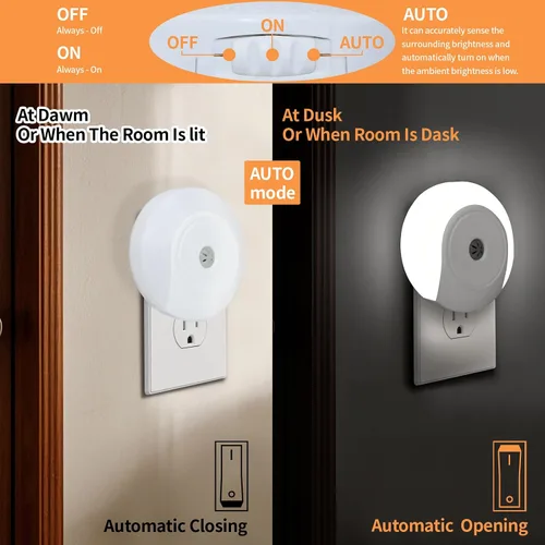 Vista 4 de Luces nocturnas enchufables a la pared, paquete de 2 luces LED para dormitorio, sensor de atardecer a amanecer, encendido/apagado automático, luz