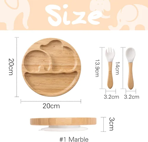 Vista 10 de Placas de succión para bebés y niños pequeños, platos de alimentación divididos de bambú con tenedor y cuchara de silicona, platos de comida