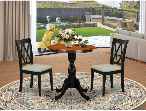 Vista 5 de East West Furniture ESBR3-BCH-17 - Juego de mesa de comedor de 3 piezas contiene una mesa de comedor redonda con pedestal y 2 sillas tapizadas