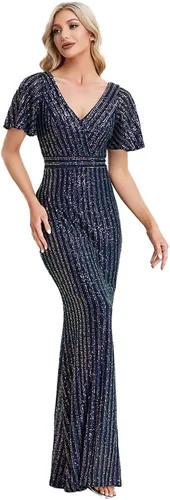 Vista 4 de Vestido de fiesta brillante con lentejuelas, corte sirena con mangas para mujer, para fiestas de graduación