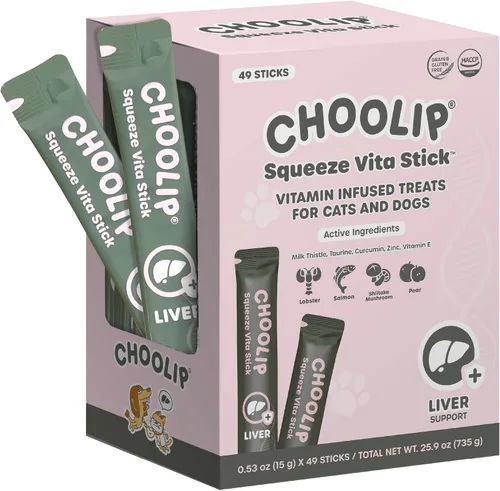 Vista 13 de Choolip Golosinas Vita Stick para lamer para gatos y perros, paquete de variedad de apoyo cerebral de 49 unidades, pollo y atún con DHA, CoQ10