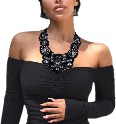 Vista 3 de Flyonce - Collar de diamantes de imitación con cuentas de cristal, collar tipo babero con cuentas gruesas, joyería para mujer Negro